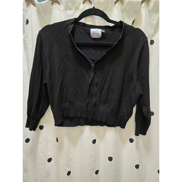 Banned Retro Tops - Banned Retro black half sleeve knit crop top with sailor neck tie XL